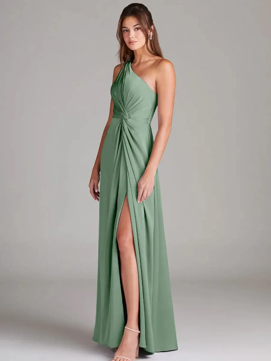 2025 Matcha Green A-Line One-Shoulder Stretch Satin Bridesmaid Dress