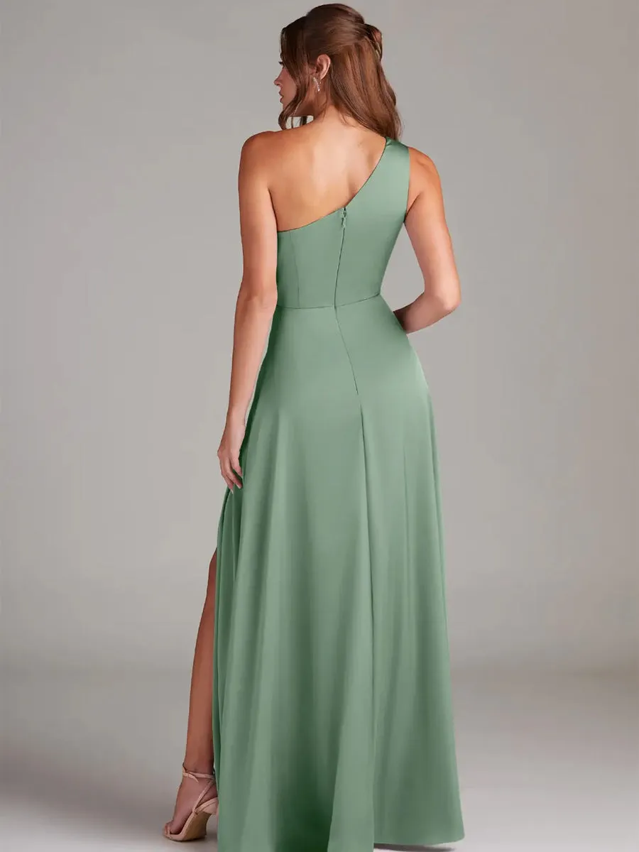 2025 Matcha Green A-Line One-Shoulder Stretch Satin Bridesmaid Dress
