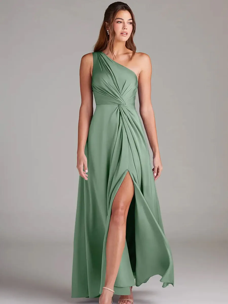 2025 Matcha Green A-Line One-Shoulder Stretch Satin Bridesmaid Dress