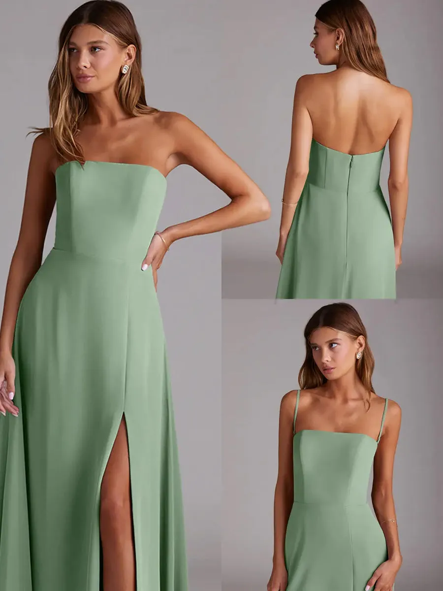 2025 Matcha Green A-Line Side Slit Chiffon Convertible Bridesmaid Dress with Spaghetti Straps