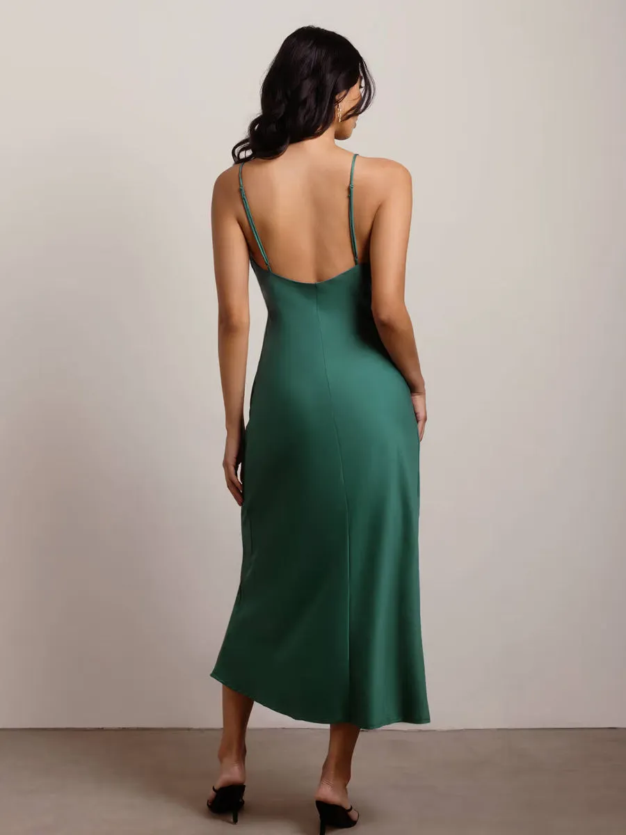 2025 Ming Green Satin Midi Bridesmaid Dress,Sleeveless V-Neck,Thin Straps Gowns