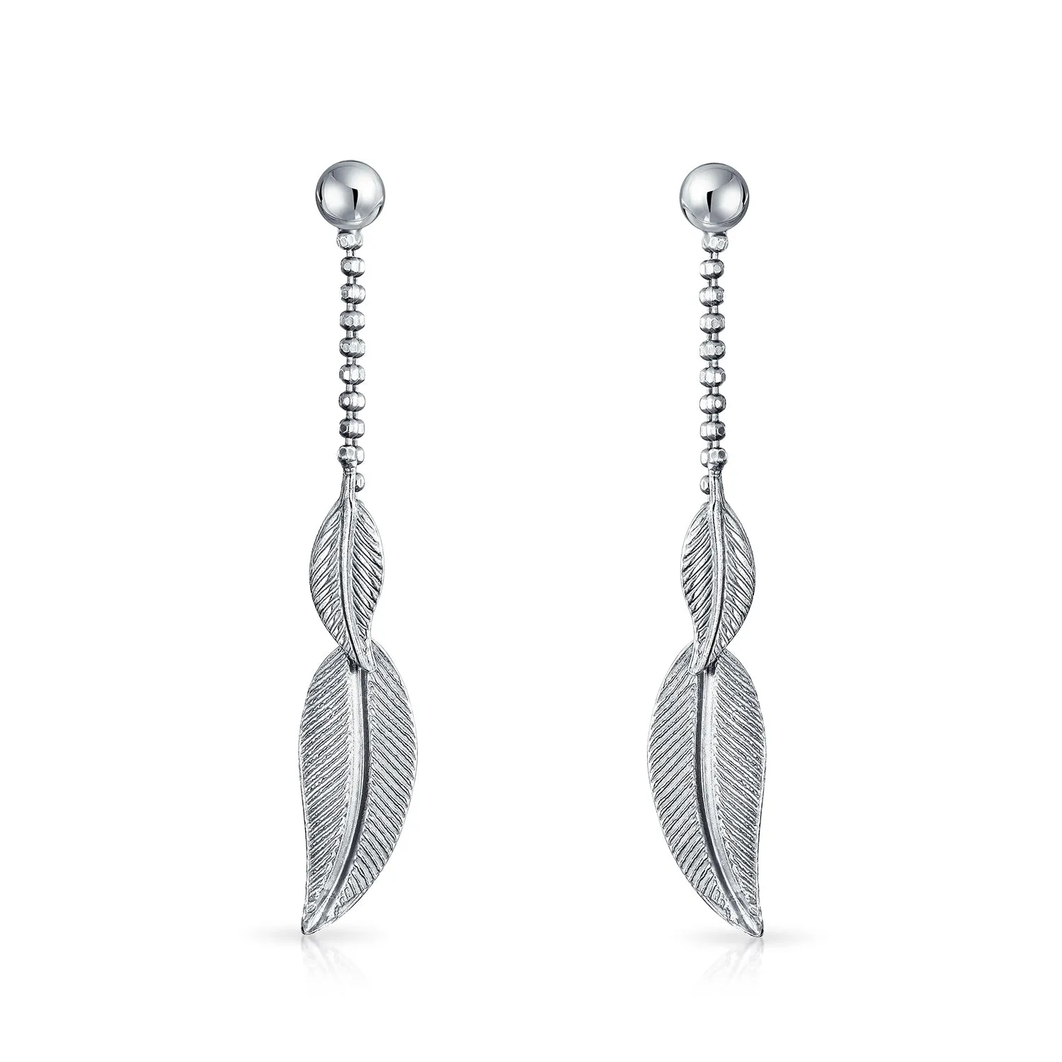 Boho Native American Style Dangle Earrings with Feather Leaf Design in Sterling Silver