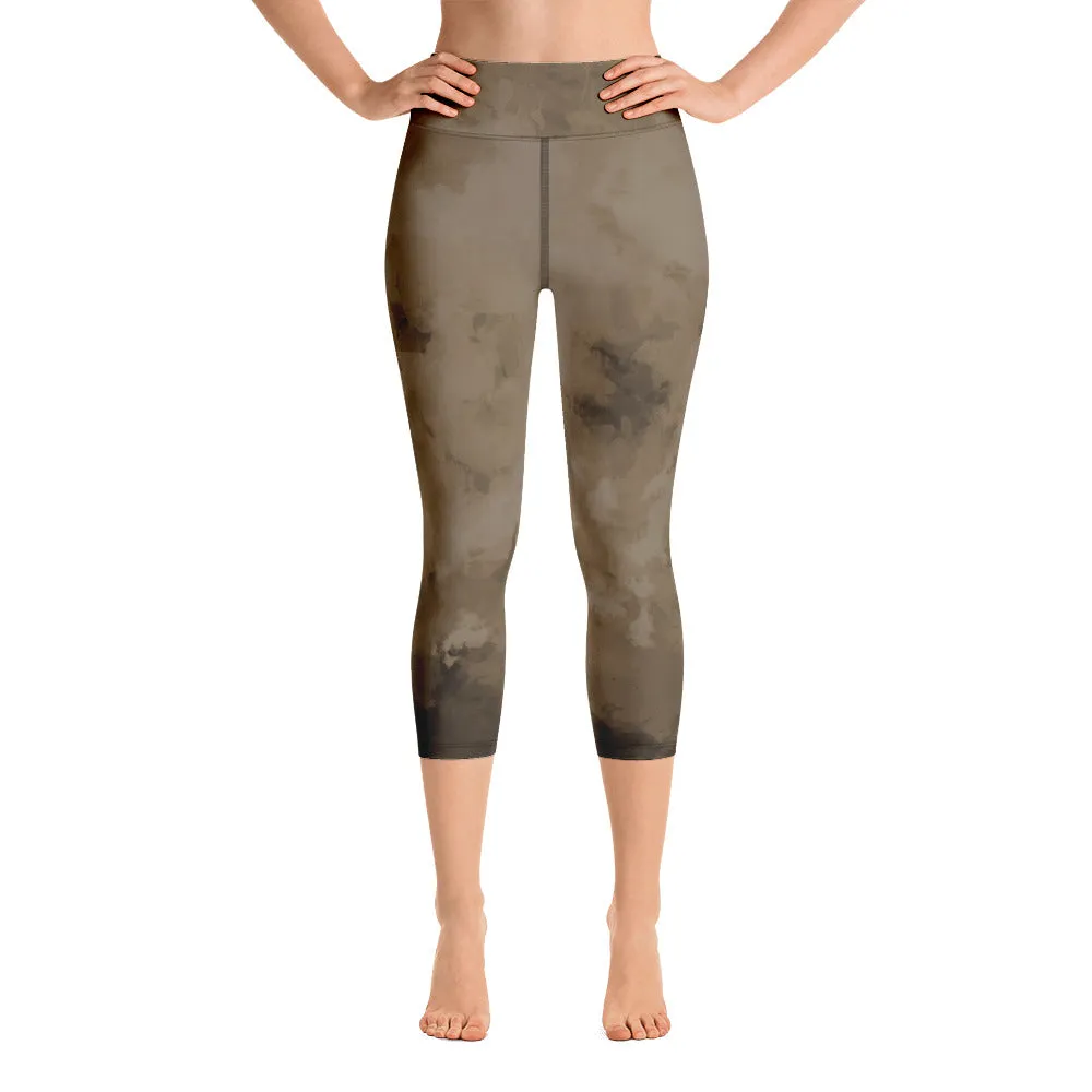 Brown Abstract Yoga Capri Leggings, Abstract Best Women's Capris Sports Tights-Made in USA/EU/MX