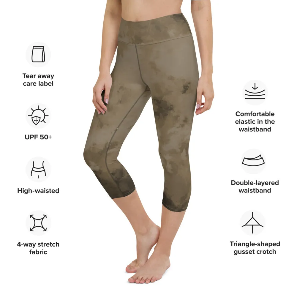 Brown Abstract Yoga Capri Leggings, Abstract Best Women's Capris Sports Tights-Made in USA/EU/MX