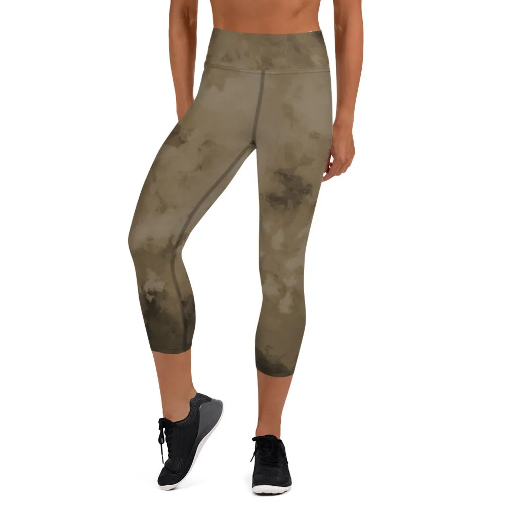 Brown Abstract Yoga Capri Leggings, Abstract Best Women's Capris Sports Tights-Made in USA/EU/MX