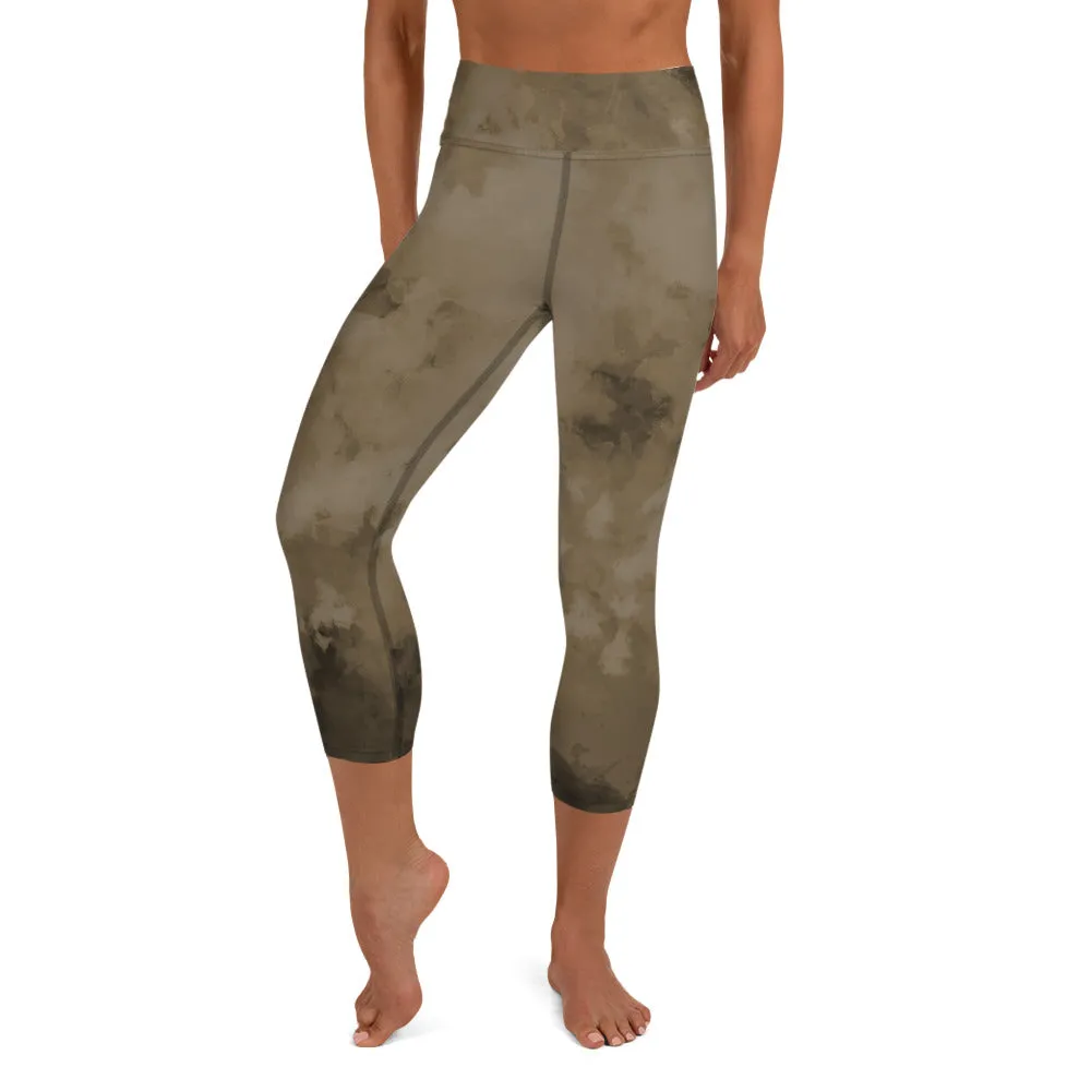 Brown Abstract Yoga Capri Leggings, Abstract Best Women's Capris Sports Tights-Made in USA/EU/MX