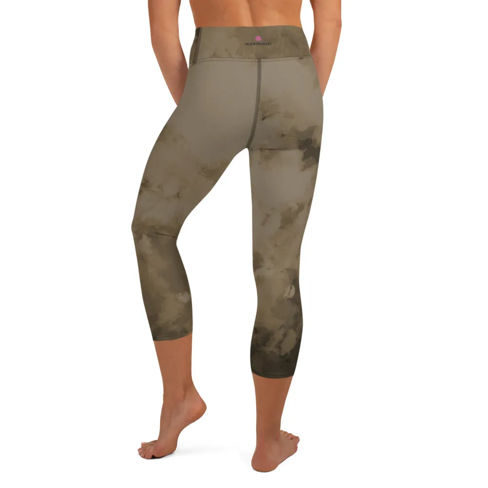Brown Abstract Yoga Capri Leggings, Abstract Best Women's Capris Sports Tights-Made in USA/EU/MX
