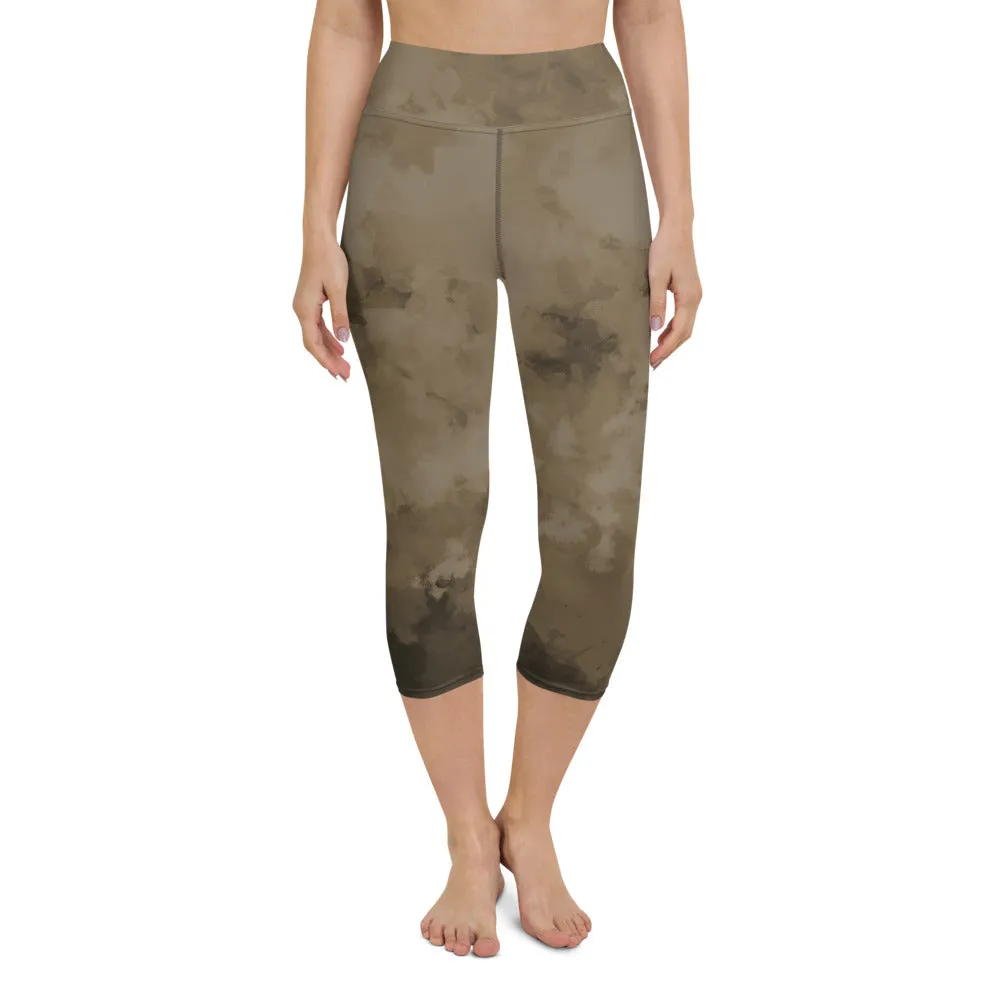 Brown Abstract Yoga Capri Leggings, Abstract Best Women's Capris Sports Tights-Made in USA/EU/MX