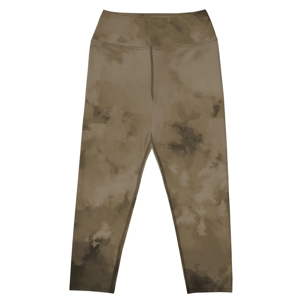 Brown Abstract Yoga Capri Leggings, Abstract Best Women's Capris Sports Tights-Made in USA/EU/MX