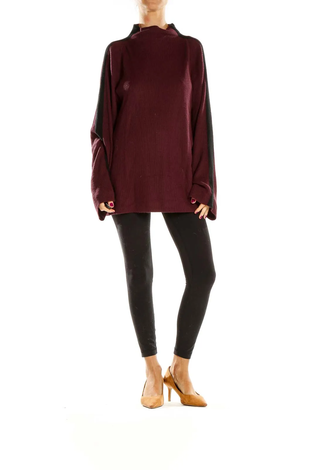 Burgundy Oversized Mock Neck Knit Sweater