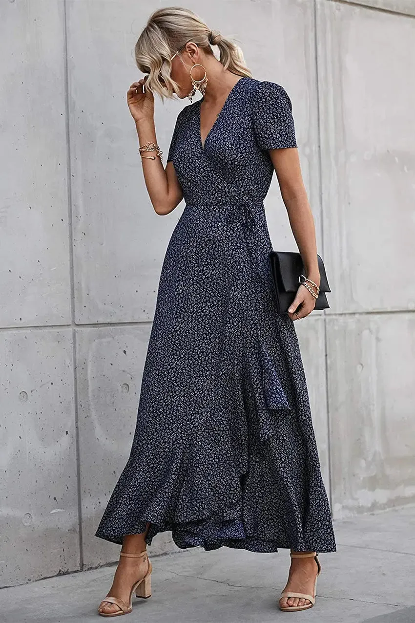 Floral V Neck Short Sleeve Long Dresses