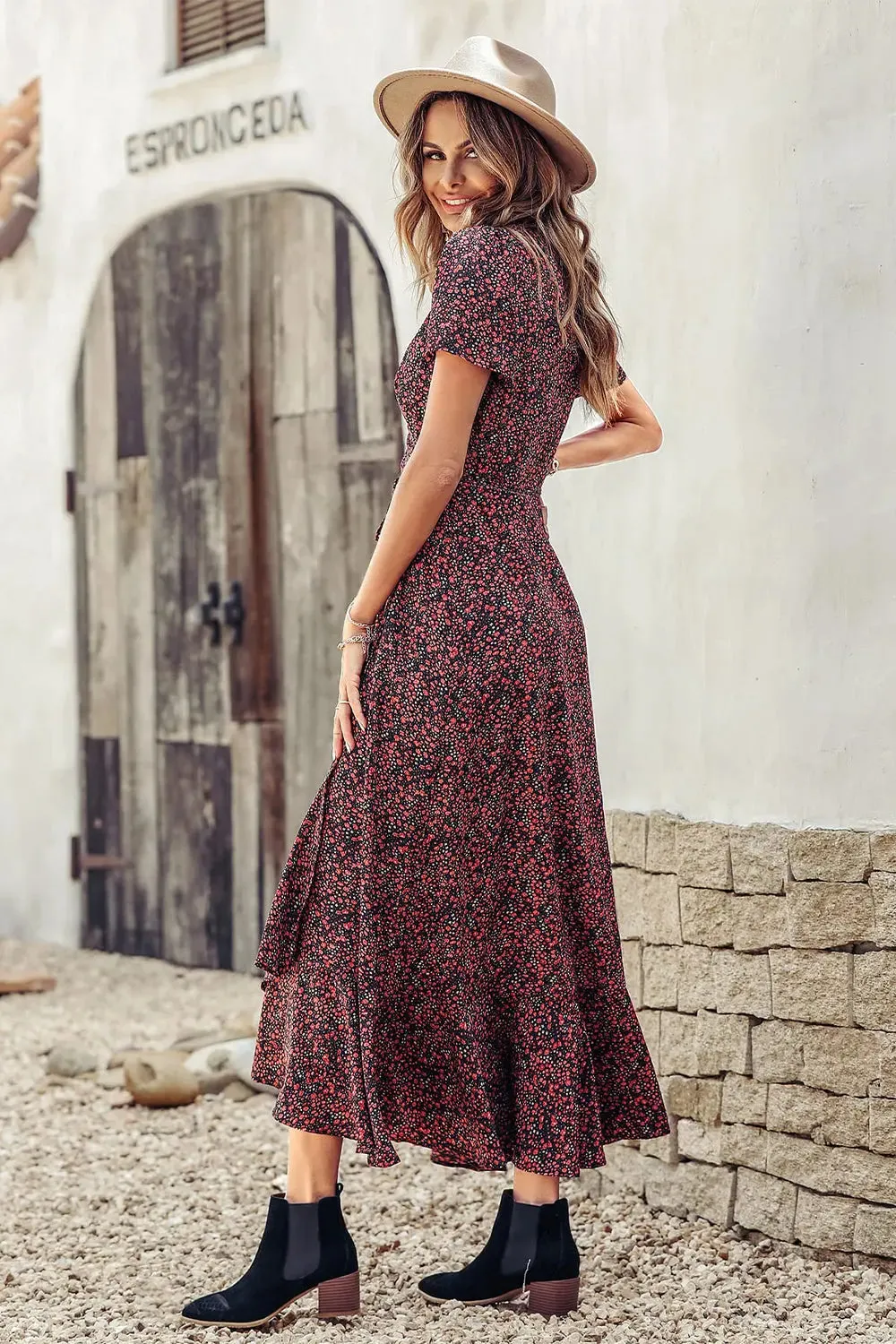 Floral V Neck Short Sleeve Long Dresses