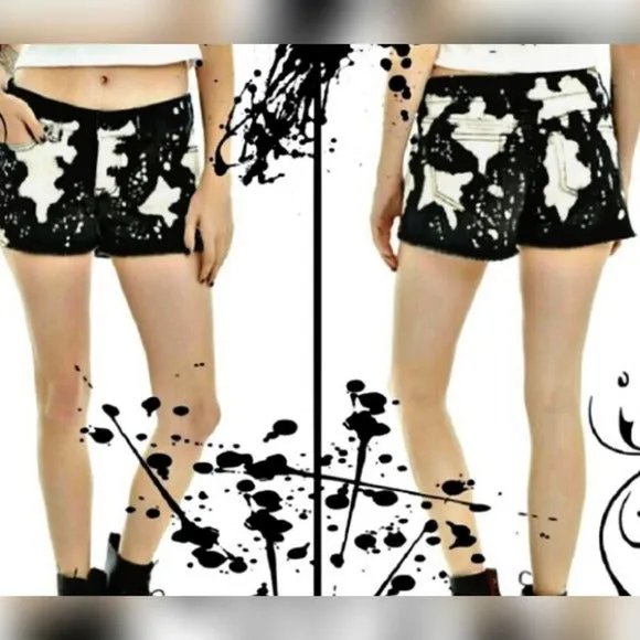 Jean Shorts | Bleach Wash Black White Raw Hem High Rise 5 Pocket