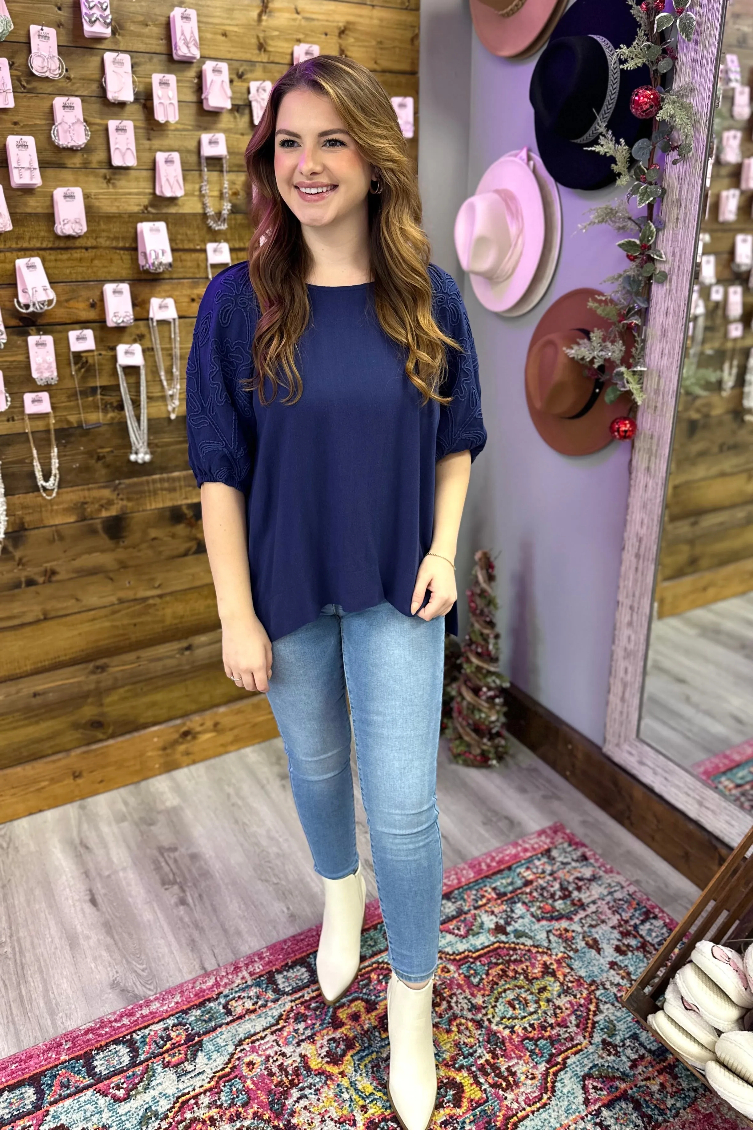 NICOLE Bubble Sleeve Top-Navy