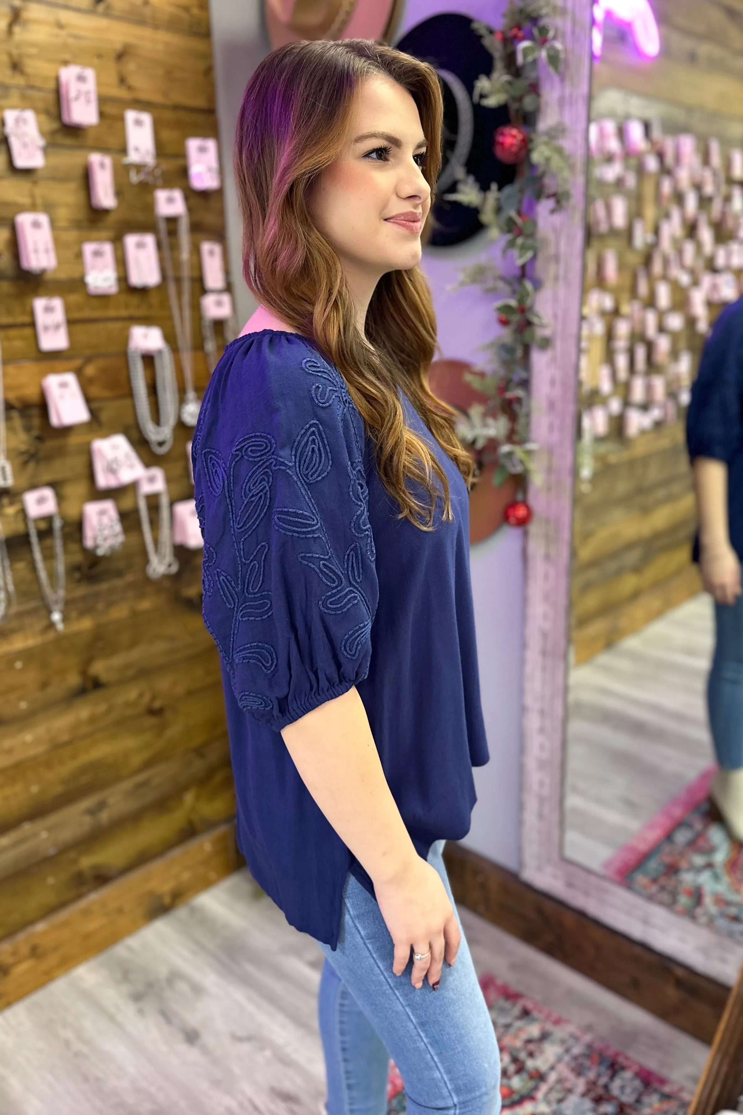 NICOLE Bubble Sleeve Top-Navy