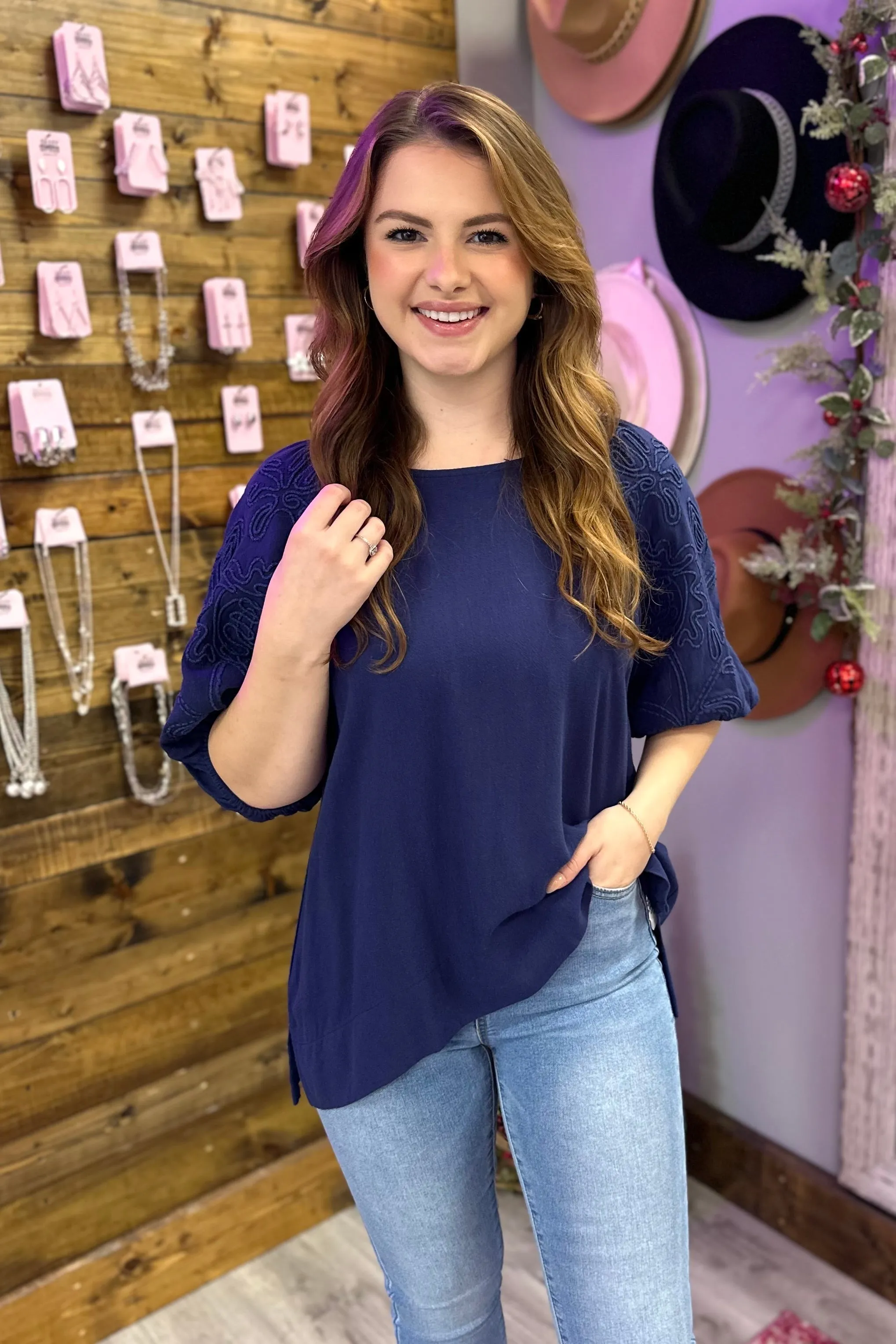 NICOLE Bubble Sleeve Top-Navy