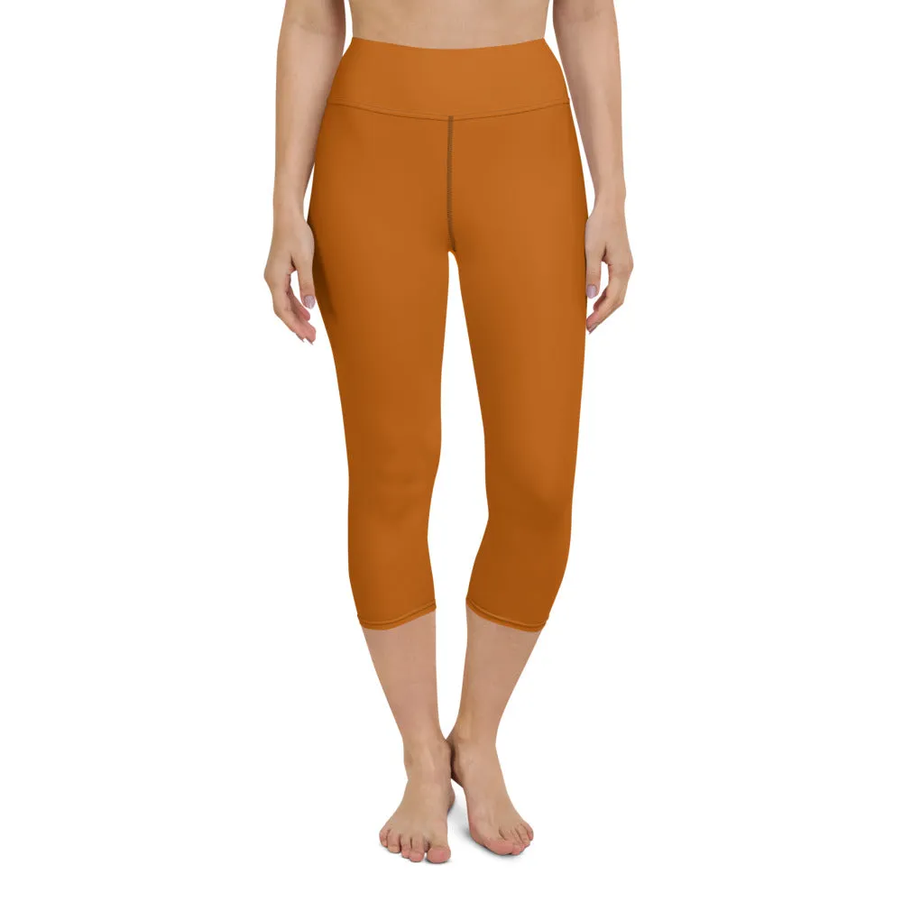 Sand Brown Yoga Capri Leggings, Brown Solid Color Workout Tights For Women- Made in USA/EU/MX