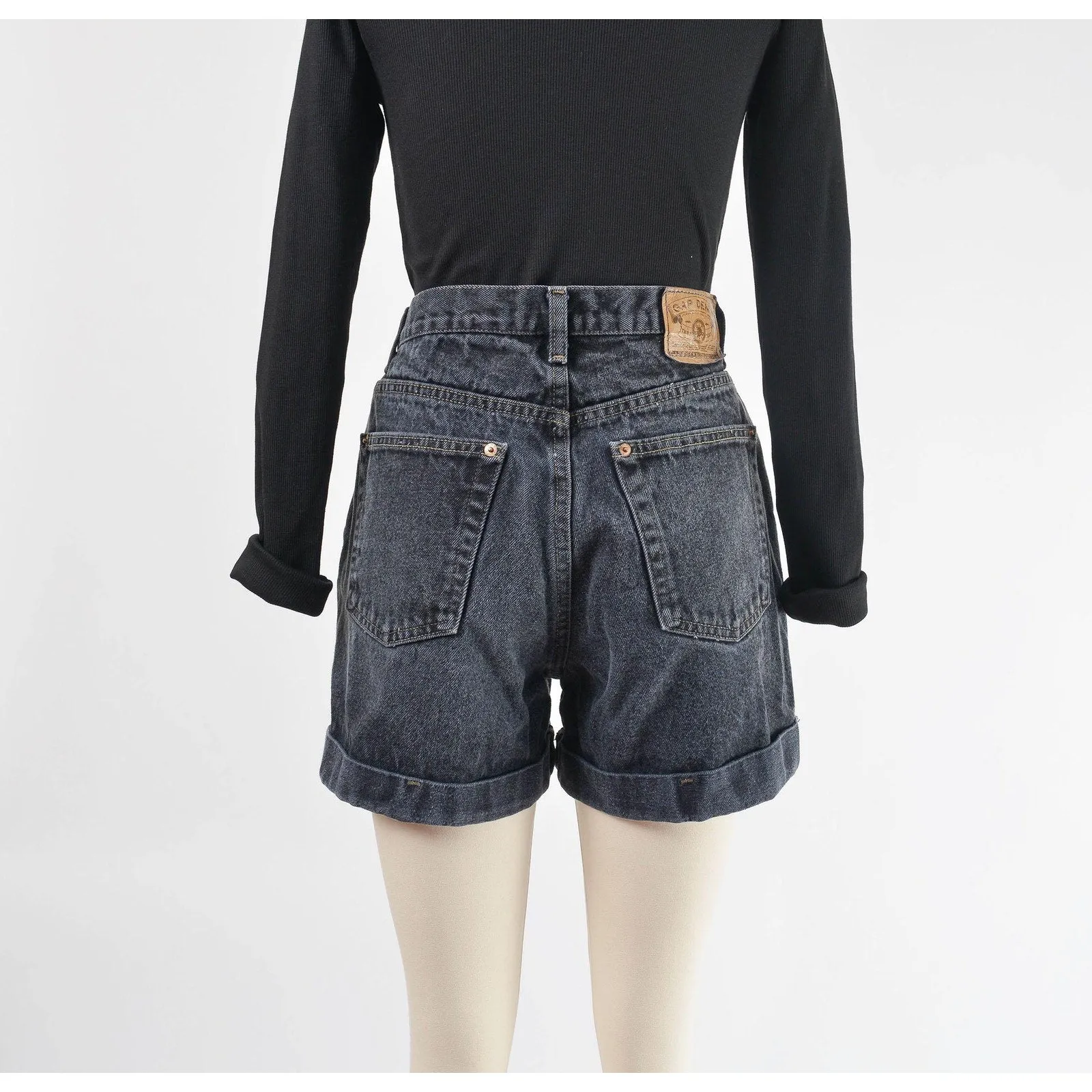 Vintage 90s GAP Washed Black Cotton Denim High Waisted Mom Jean Shorts M