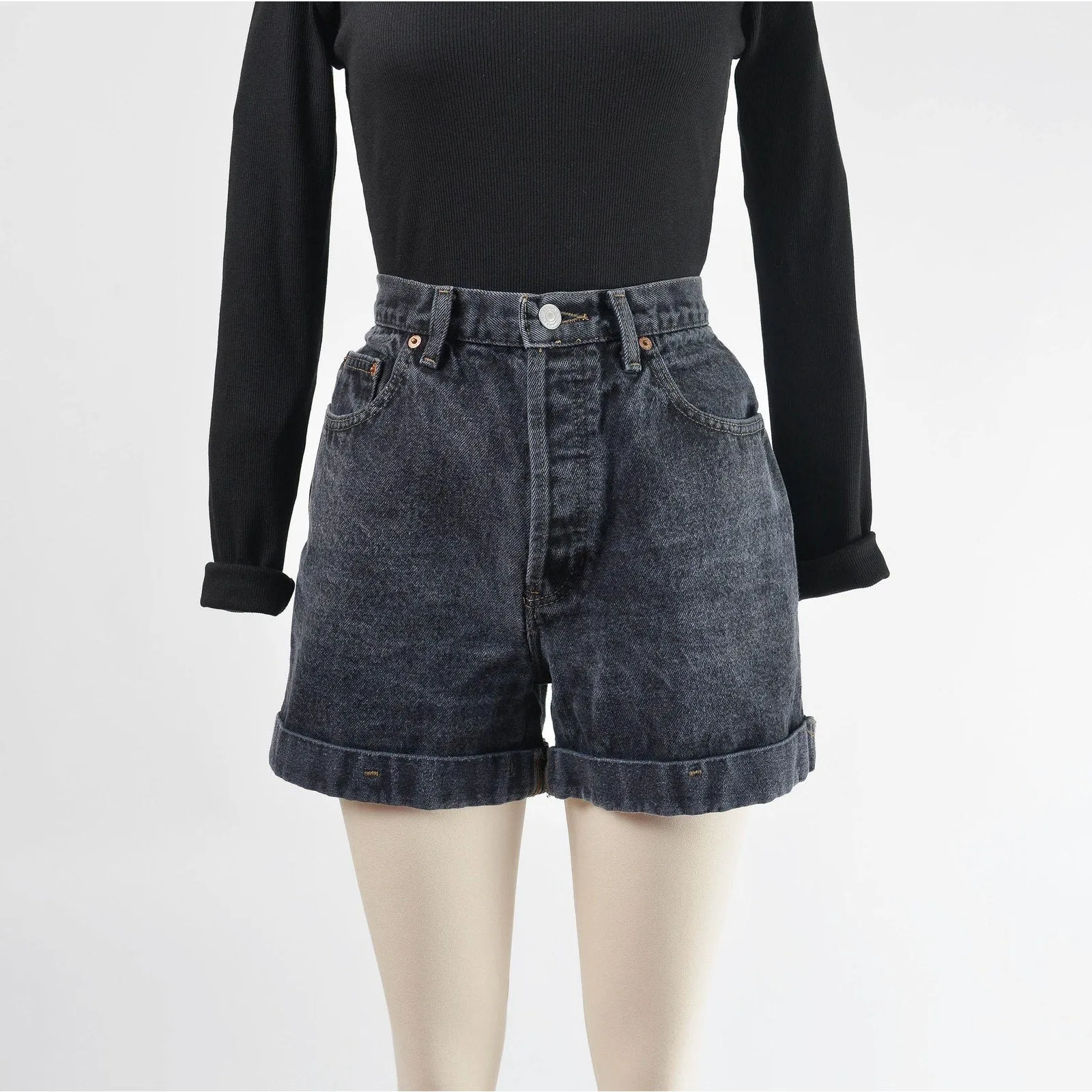 Vintage 90s GAP Washed Black Cotton Denim High Waisted Mom Jean Shorts M