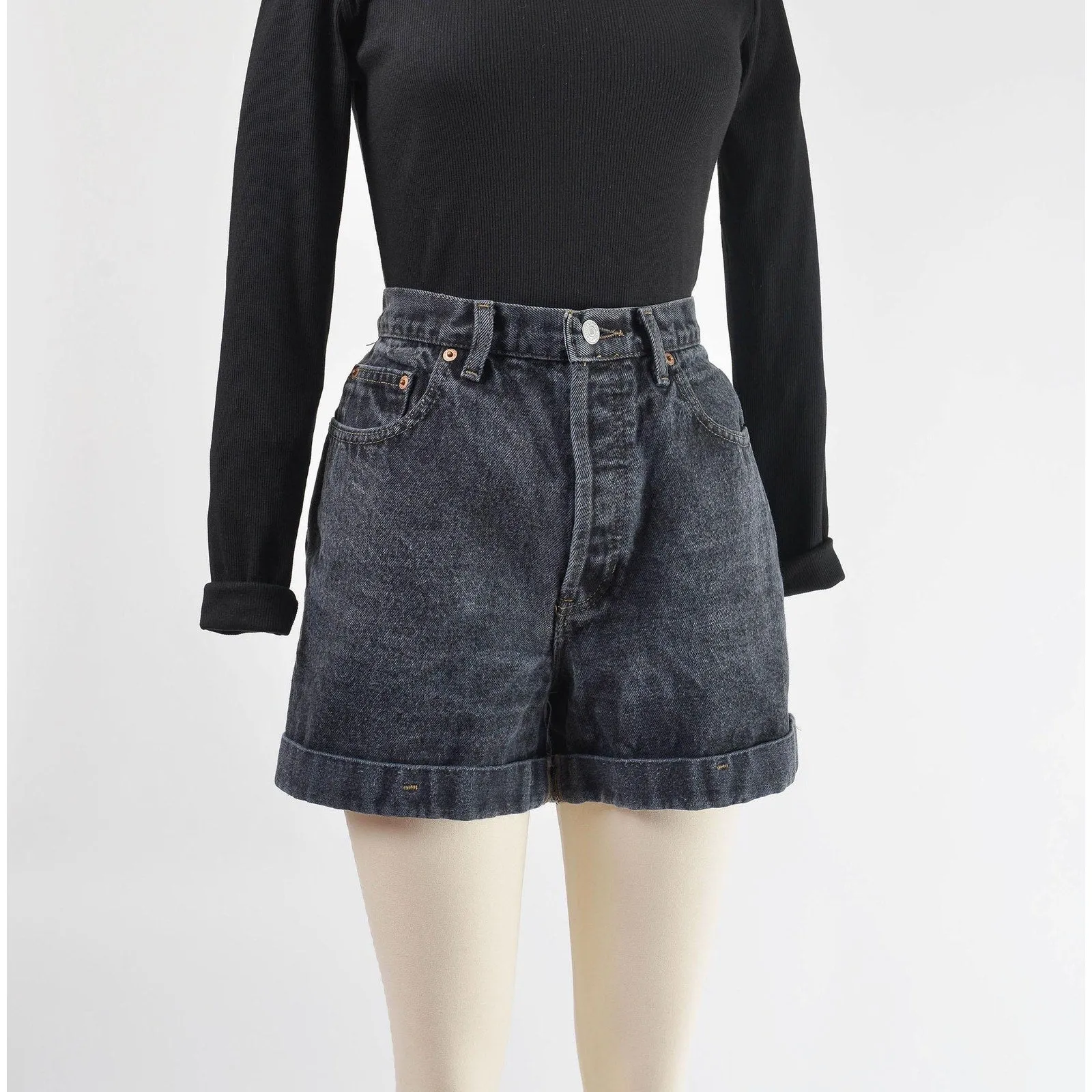 Vintage 90s GAP Washed Black Cotton Denim High Waisted Mom Jean Shorts M