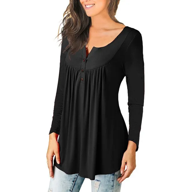 Women Button Loose Long Sleeve Tops